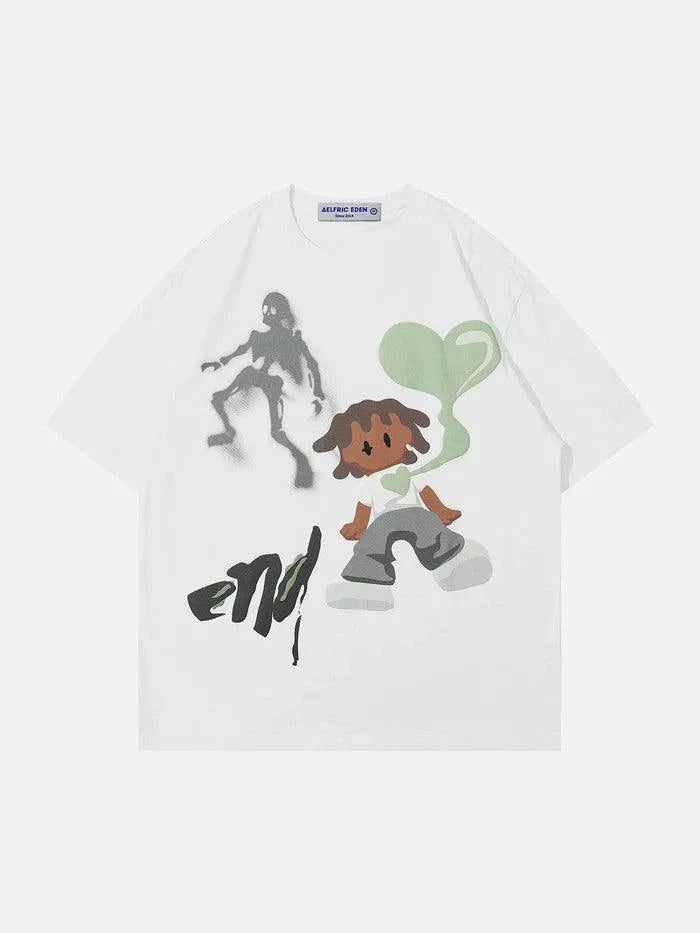 Skull Cartoon Print Oversized Cotton Tee Casual Graphic T-Shirt