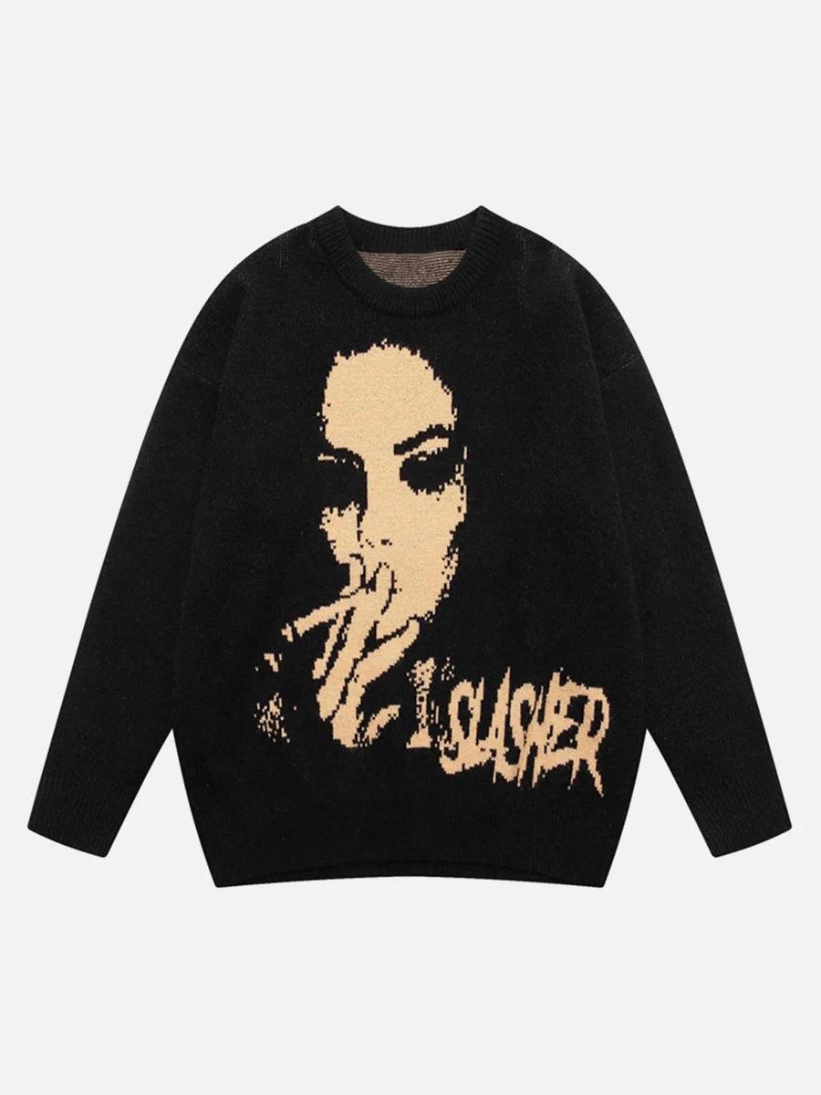 Street Vintage Character Knit Sweater with Soft Cotton Blend