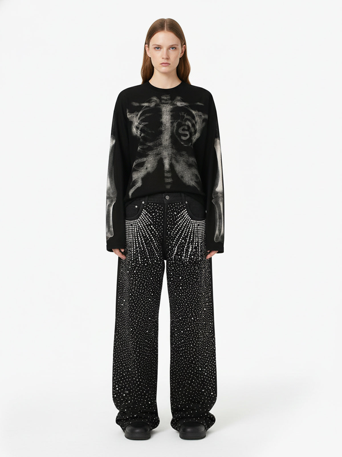 Unisex Waffle Knit Skeleton Graphic Sweatshirt Long Sleeve Cozy