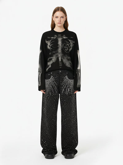 Unisex Waffle Knit Skeleton Graphic Sweatshirt Long Sleeve Cozy