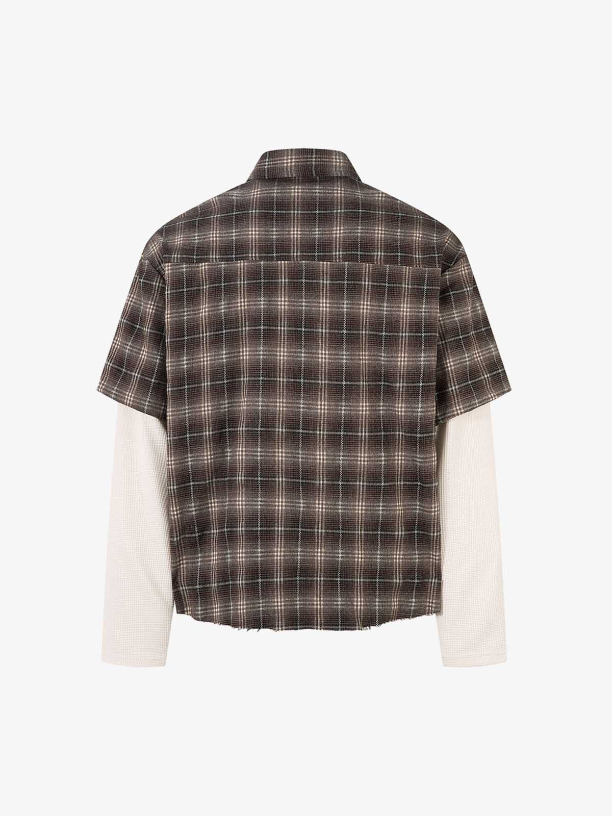Distressed Plaid Faux Two-Piece Shirt with Embroidered Frayed Hem