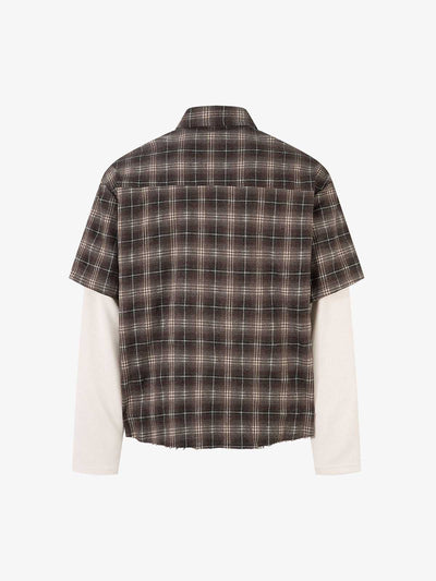 Distressed Plaid Faux Two-Piece Shirt with Embroidered Frayed Hem