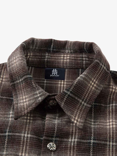 Distressed Plaid Faux Two-Piece Shirt with Embroidered Frayed Hem