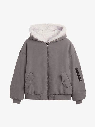 Oversized Reversible Plush Hooded Jacket with Faux Fur Lining