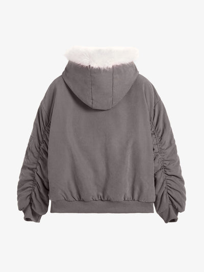 Oversized Reversible Plush Hooded Jacket with Faux Fur Lining