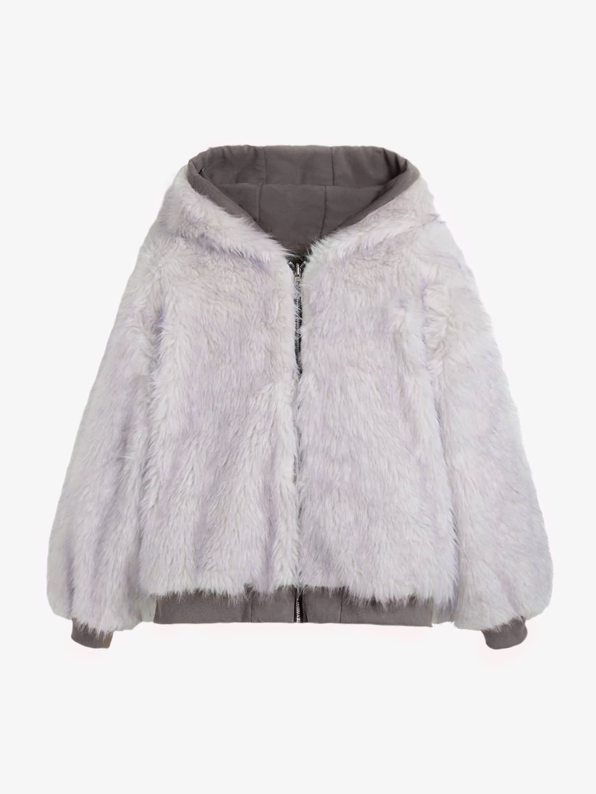 Oversized Reversible Plush Hooded Jacket with Faux Fur Lining