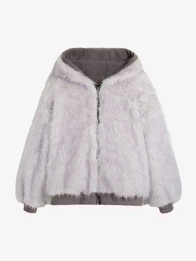 Oversized Reversible Plush Hooded Jacket with Faux Fur Lining