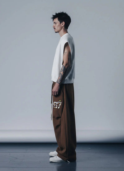 Retro Double-Waist Leopard-Trim Wide-Leg Barrel Pants with Pockets