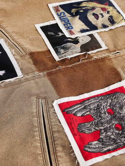 Punk Retro Collage Distressed Heavy Jacket with Patchwork Graphics