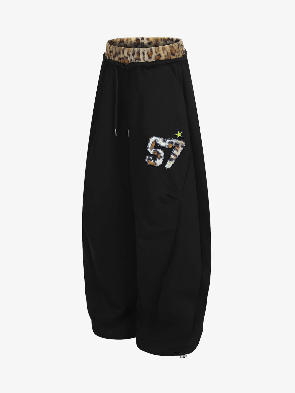 Retro Double-Waist Leopard-Trim Wide-Leg Barrel Pants with Pockets