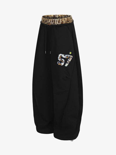 Retro Double-Waist Leopard-Trim Wide-Leg Barrel Pants with Pockets
