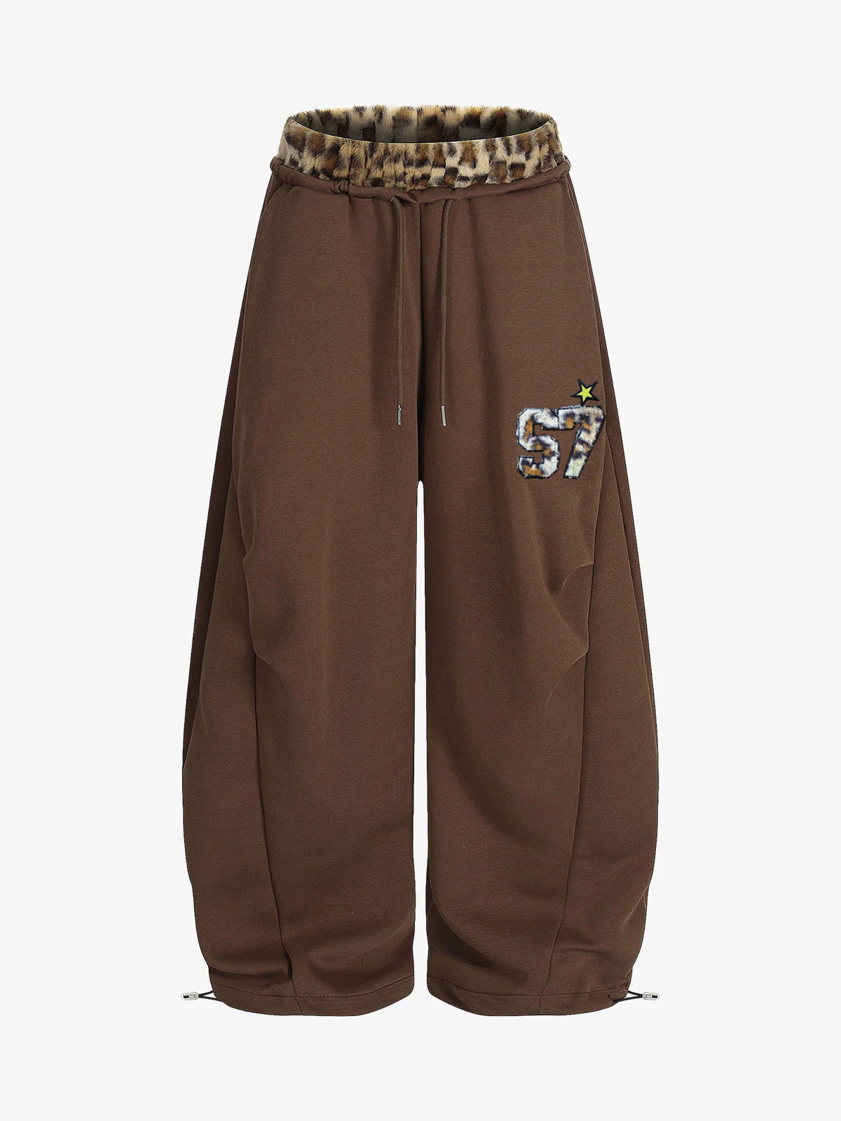 Retro Double-Waist Leopard-Trim Wide-Leg Barrel Pants with Pockets