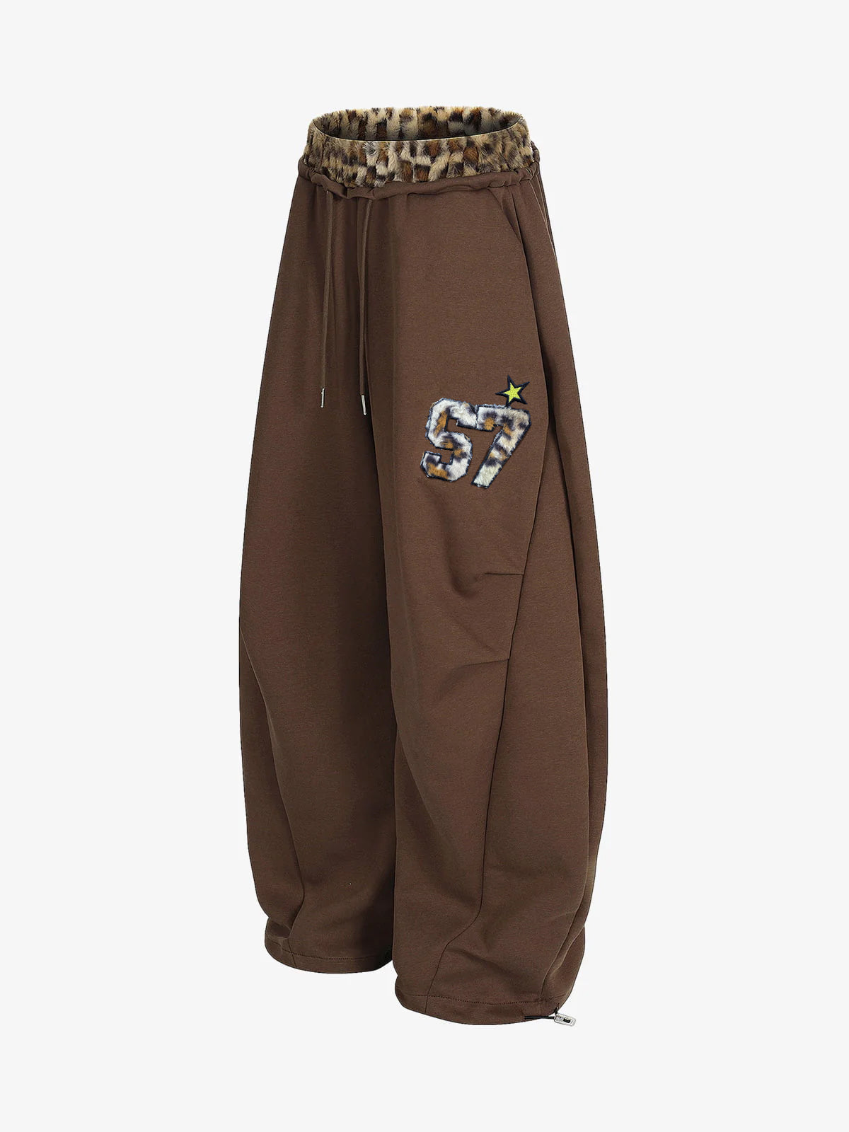Retro Double-Waist Leopard-Trim Wide-Leg Barrel Pants with Pockets