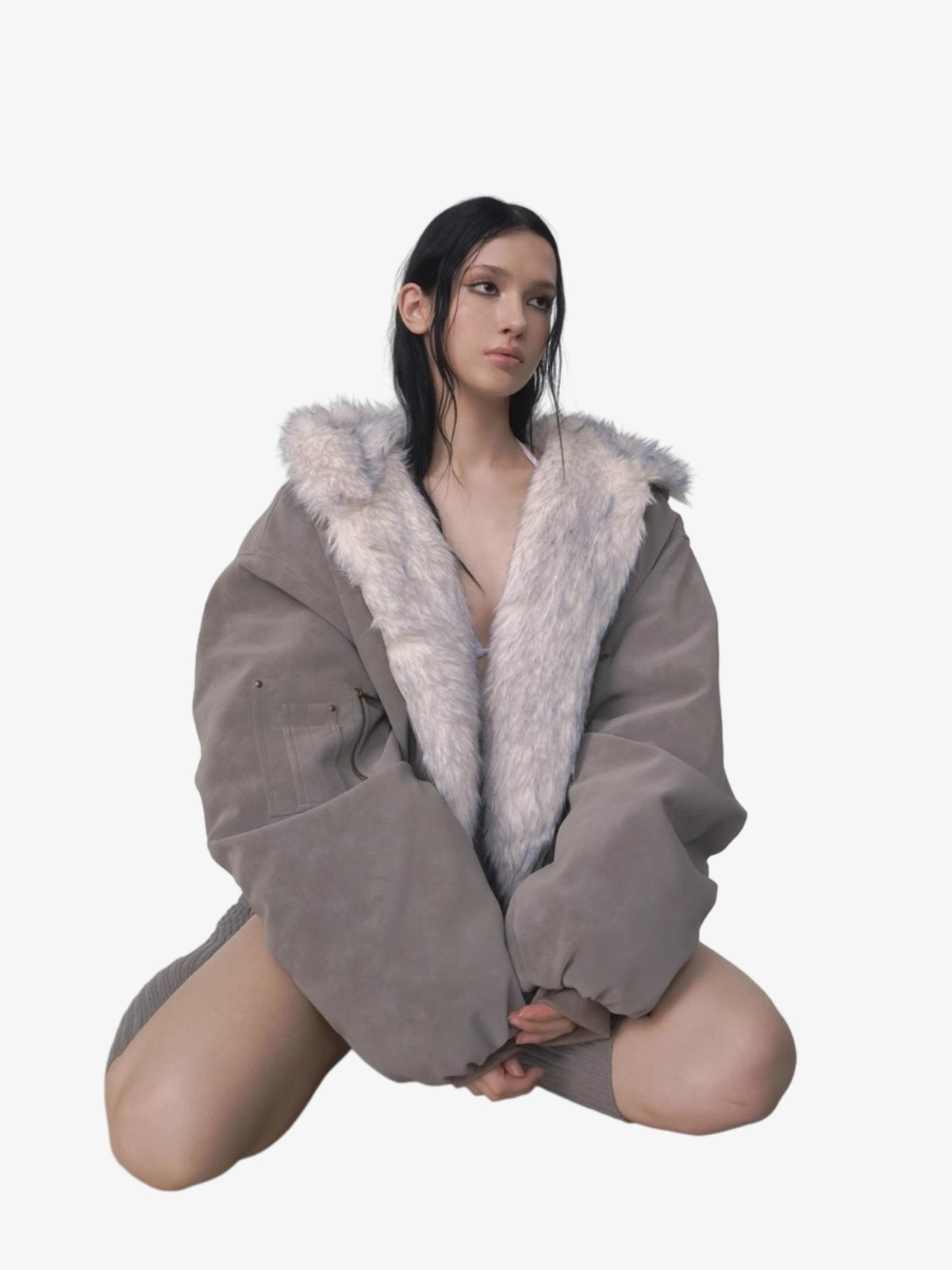 Oversized Reversible Plush Hooded Jacket with Faux Fur Lining
