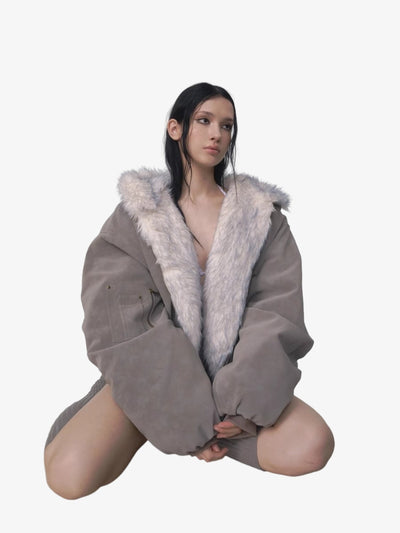 Oversized Reversible Plush Hooded Jacket with Faux Fur Lining