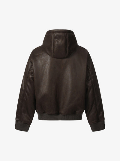 Vintage Skull-Embroidered Fleece-Lined Hooded Leather Bomber Jacket Distressed Badge