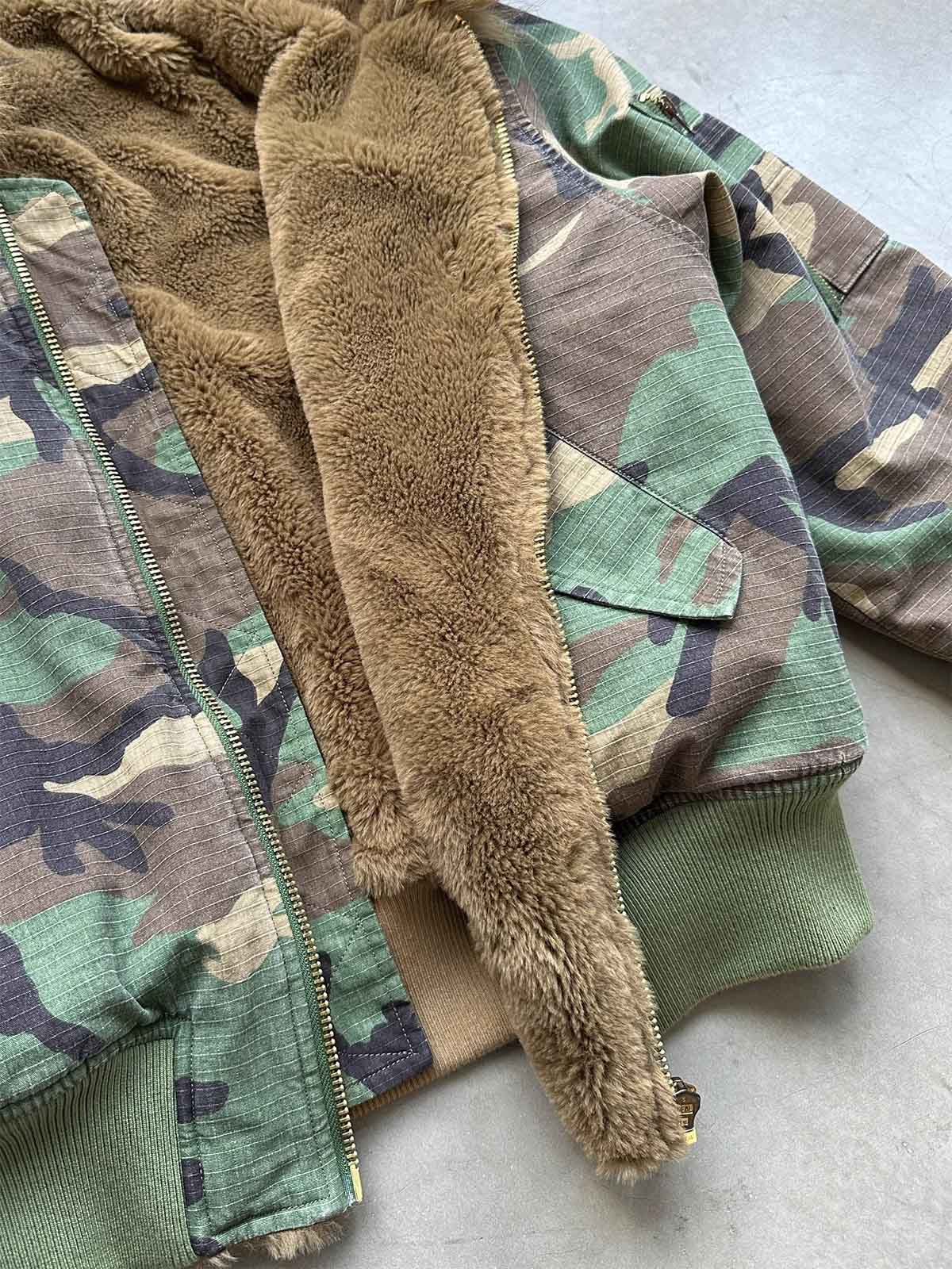 Reversible Camouflage Cotton Jacket with Faux Fur Collar, Thickened