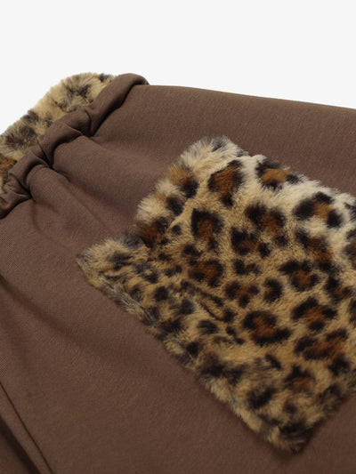 Retro Double-Waist Leopard-Trim Wide-Leg Barrel Pants with Pockets