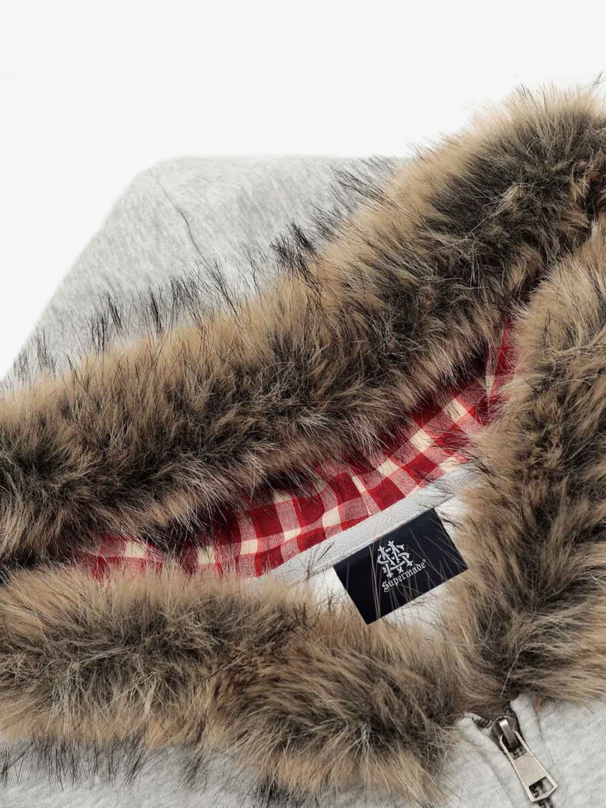 American Retro Gradient Letter Print Splicing Cardigan Fur Collar Coat