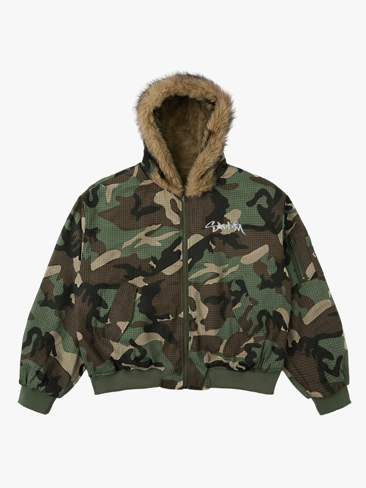 Reversible Camouflage Cotton Jacket with Faux Fur Collar, Thickened
