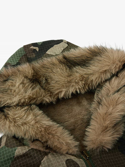 Reversible Camouflage Cotton Jacket with Faux Fur Collar, Thickened