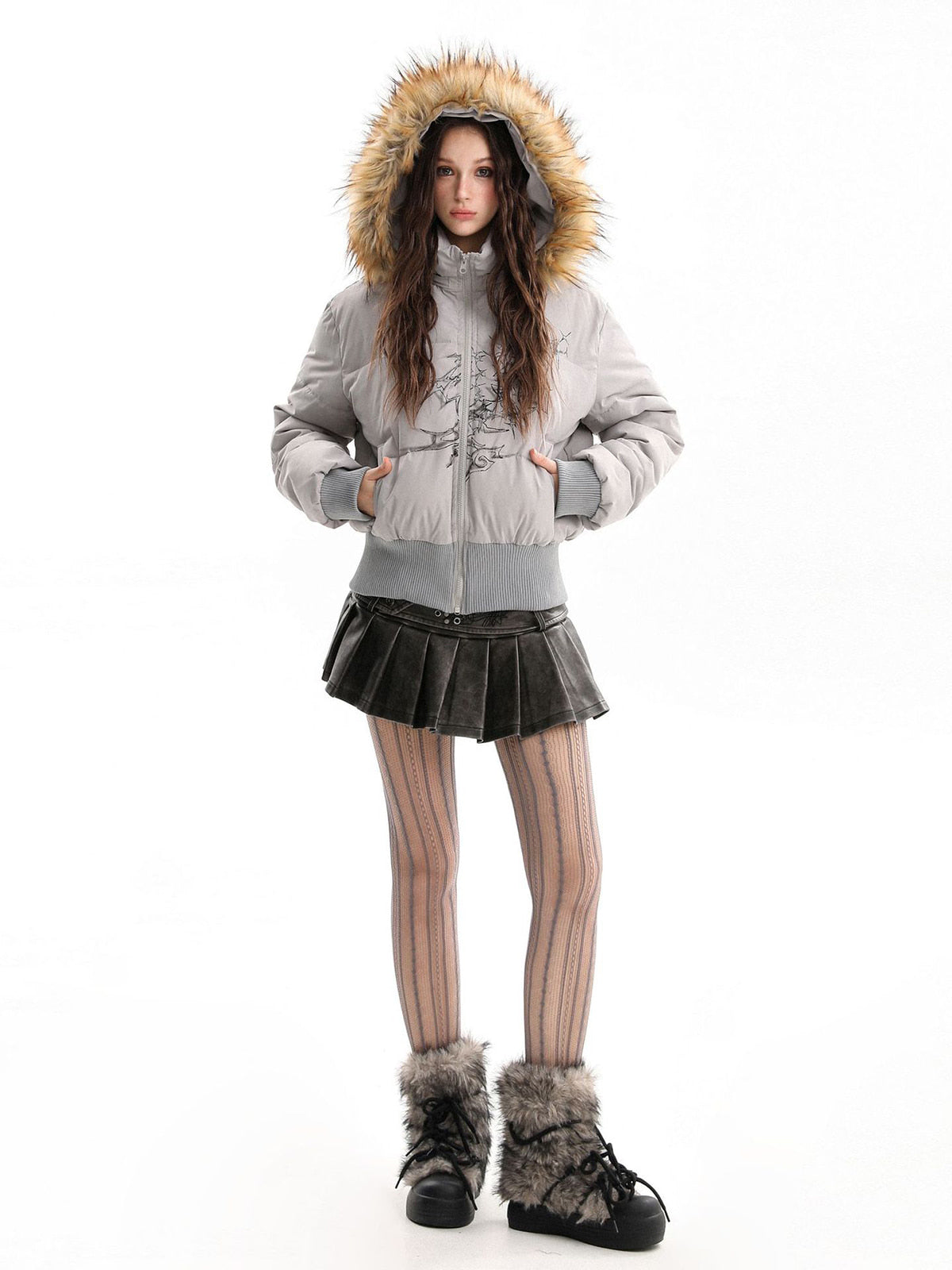 Retro Quilted Floral Print Jacket with Faux Fur Collar