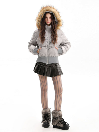 Retro Quilted Floral Print Jacket with Faux Fur Collar