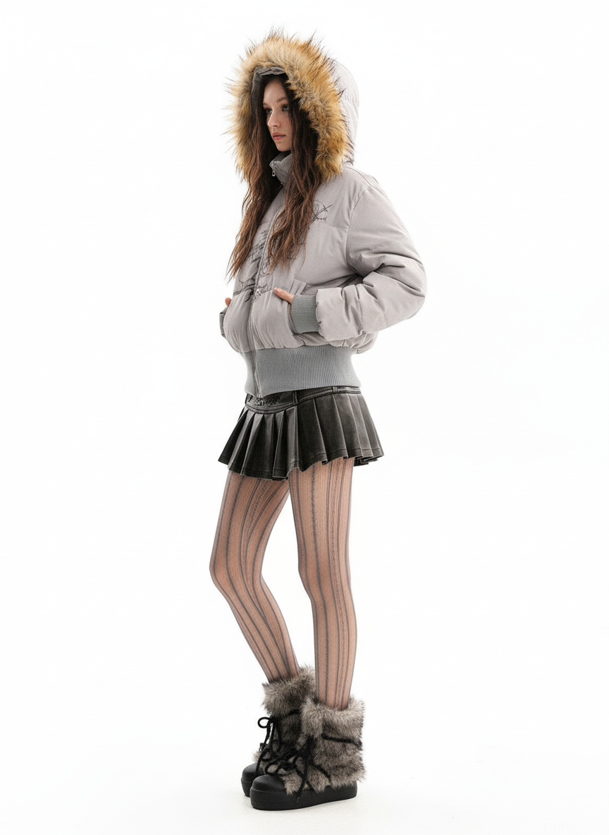 Retro Quilted Floral Print Jacket with Faux Fur Collar