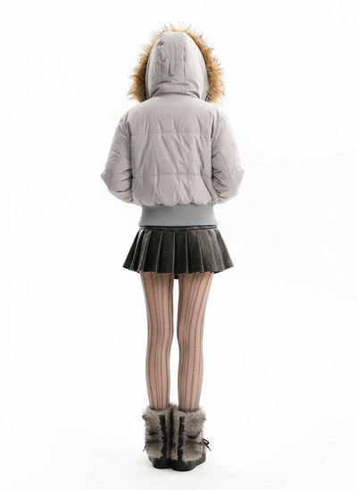 Retro Quilted Floral Print Jacket with Faux Fur Collar