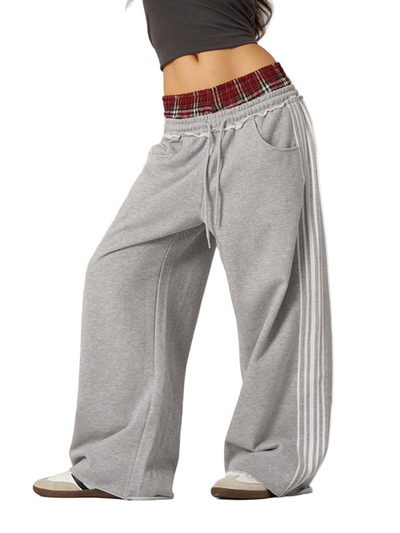 Double-Waist Plaid Patchwork Baggy Sweatpants with Deep Pockets Retro Streetwear