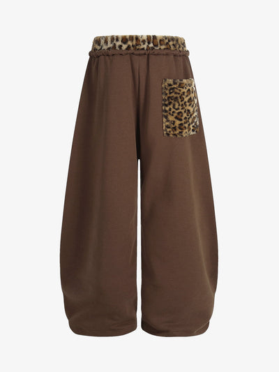 Retro Double-Waist Leopard-Trim Wide-Leg Barrel Pants with Pockets