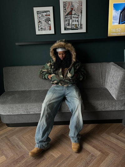 Reversible Camouflage Cotton Jacket with Faux Fur Collar, Thickened