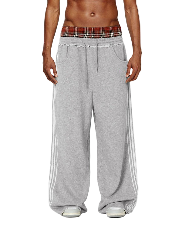Double-Waist Plaid Patchwork Baggy Sweatpants with Deep Pockets Retro Streetwear