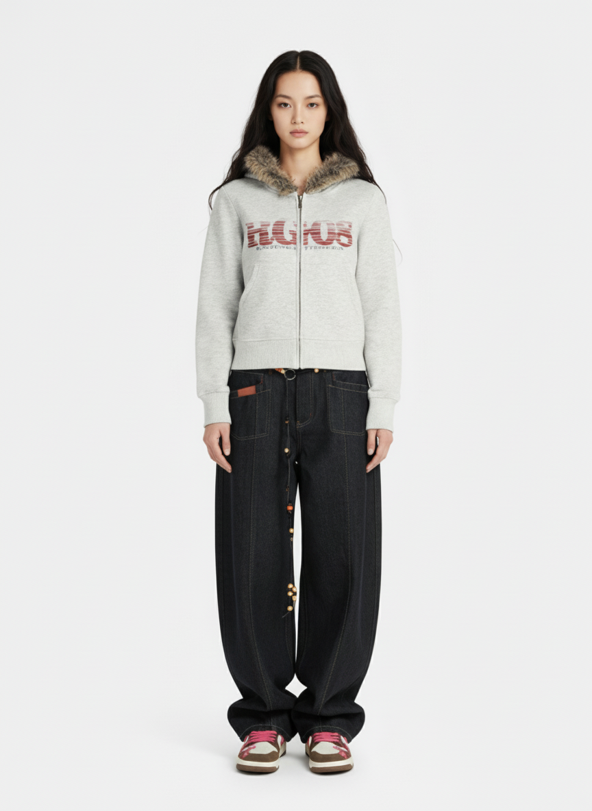 American Retro Gradient Letter Print Splicing Cardigan Fur Collar Coat