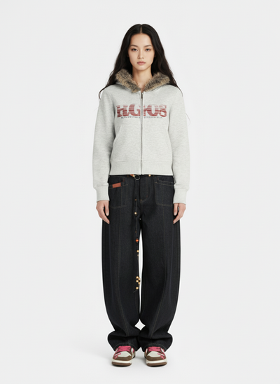 American Retro Gradient Letter Print Splicing Cardigan Fur Collar Coat