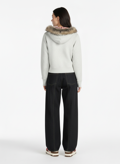 American Retro Gradient Letter Print Splicing Cardigan Fur Collar Coat