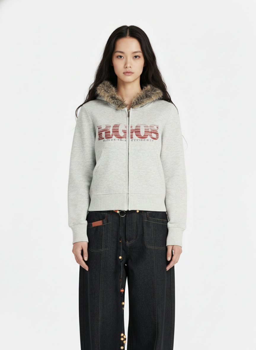 American Retro Gradient Letter Print Splicing Cardigan Fur Collar Coat