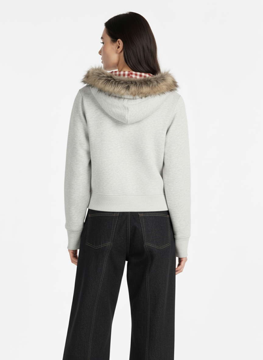 American Retro Gradient Letter Print Splicing Cardigan Fur Collar Coat