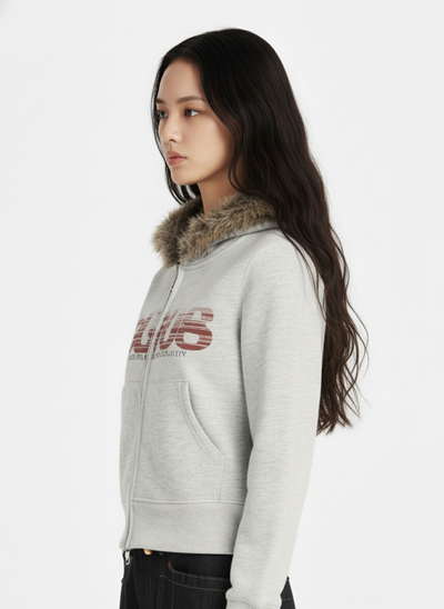 American Retro Gradient Letter Print Splicing Cardigan Fur Collar Coat