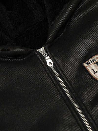 Vintage Skull-Embroidered Fleece-Lined Hooded Leather Bomber Jacket Distressed Badge