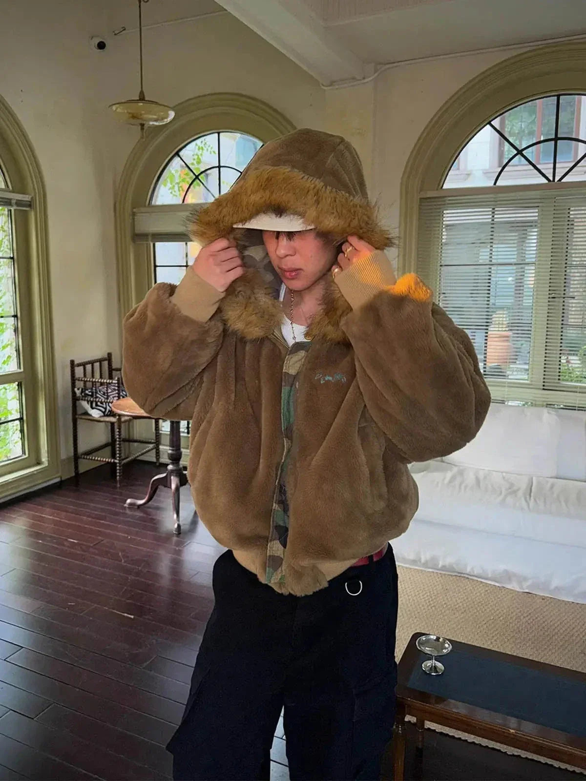 Reversible Camouflage Cotton Jacket with Faux Fur Collar, Thickened