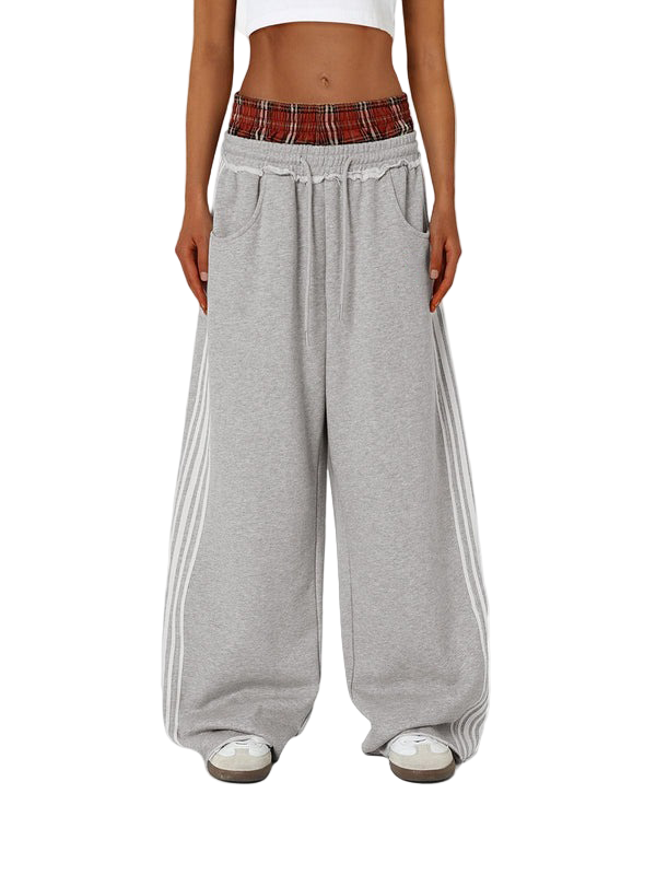 Double-Waist Plaid Patchwork Baggy Sweatpants with Deep Pockets Retro Streetwear
