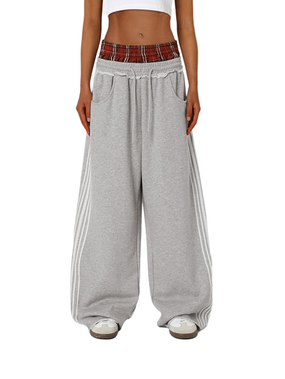 Double-Waist Plaid Patchwork Baggy Sweatpants with Deep Pockets Retro Streetwear
