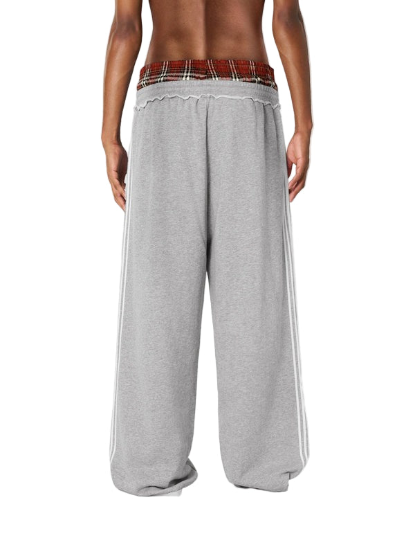 Double-Waist Plaid Patchwork Baggy Sweatpants with Deep Pockets Retro Streetwear