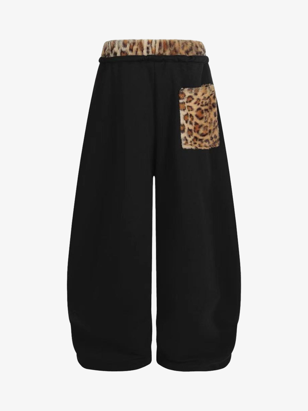Retro Double-Waist Leopard-Trim Wide-Leg Barrel Pants with Pockets