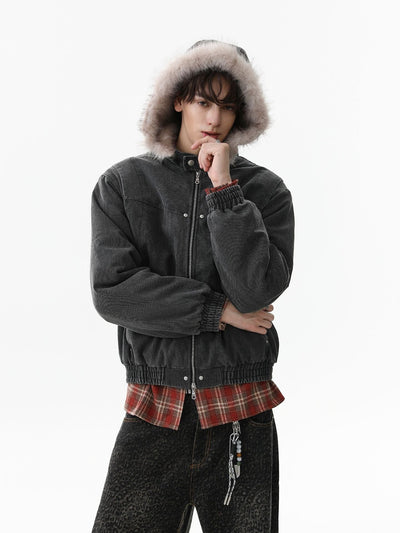Street Outdoor Detachable Fur Collar Fleece Hooded Padded Jacket