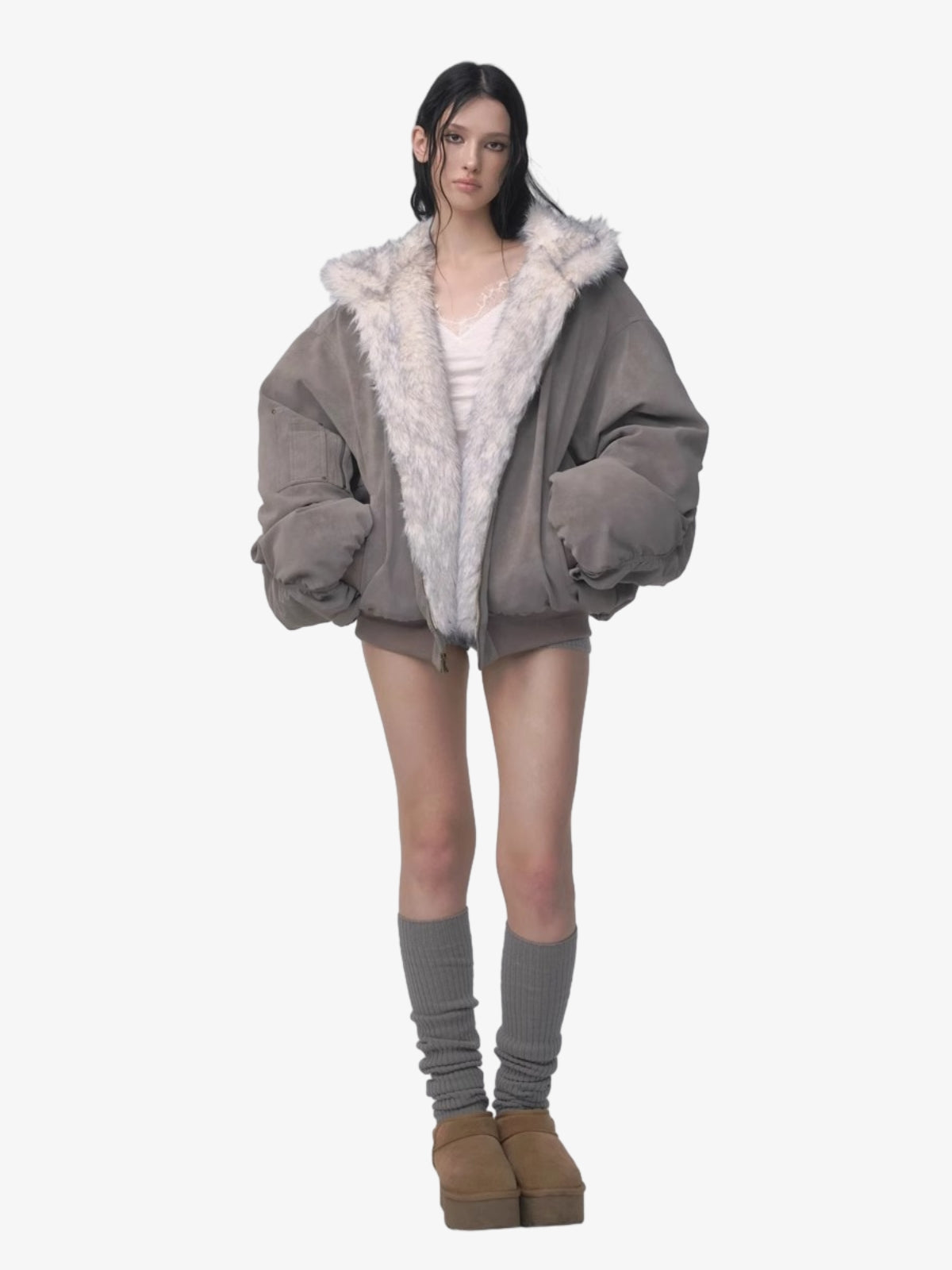 Oversized Reversible Plush Hooded Jacket with Faux Fur Lining