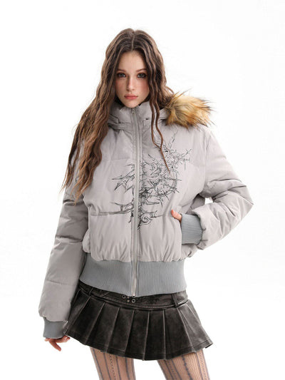 Retro Quilted Floral Print Jacket with Faux Fur Collar