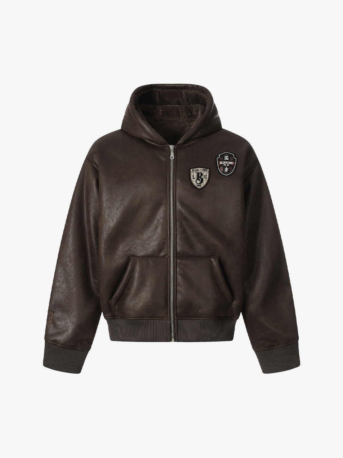 Vintage Skull-Embroidered Fleece-Lined Hooded Leather Bomber Jacket Distressed Badge