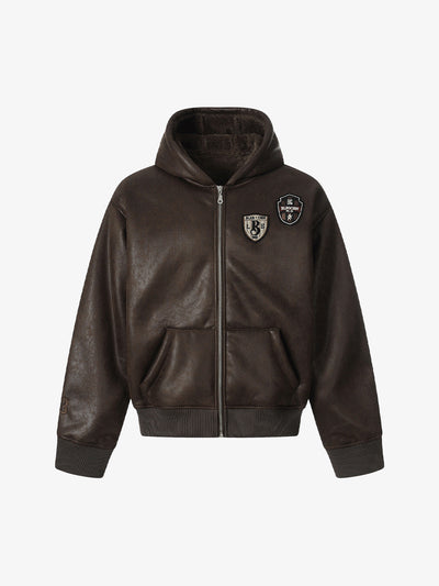 Vintage Skull-Embroidered Fleece-Lined Hooded Leather Bomber Jacket Distressed Badge